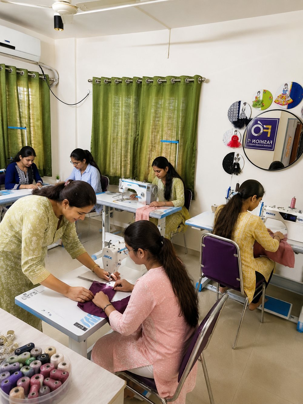 Students practicing on sewing machines