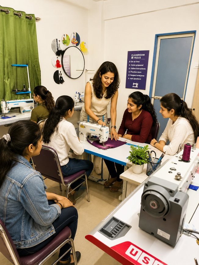 Students learning Aari embroidery seated on the floor