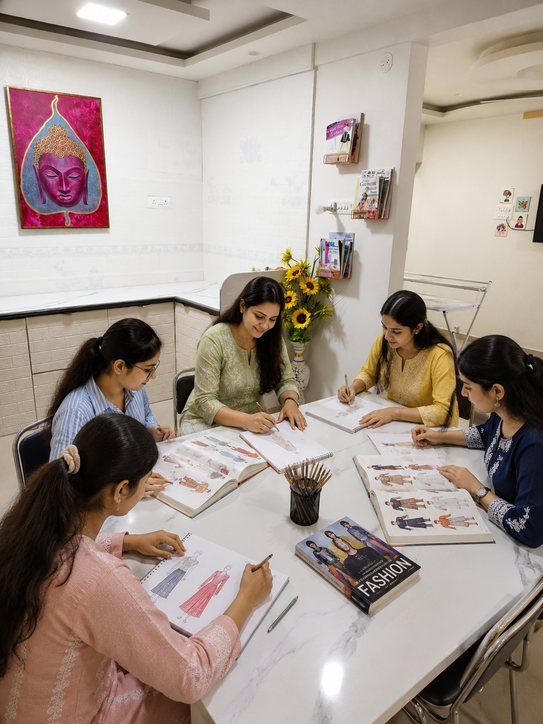Students learning Aari embroidery work at Fashion O Institute