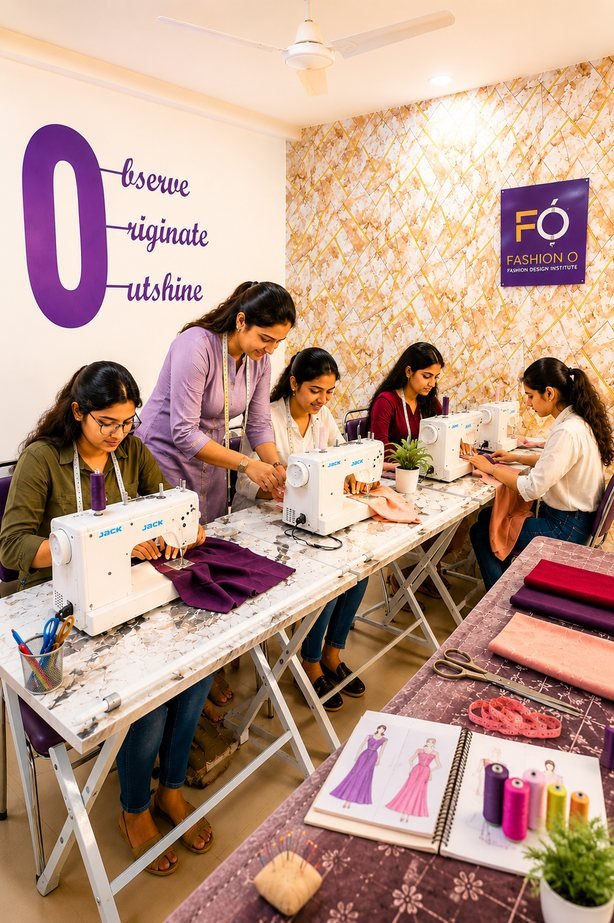 Row of students practicing on sewing machines