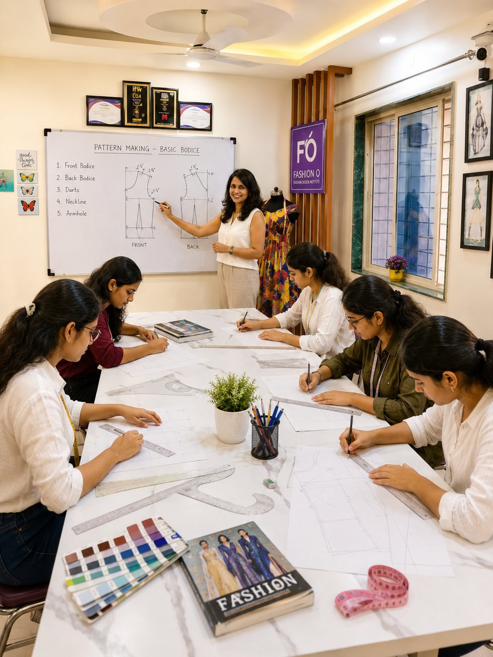 Students sketching fashion illustrations at Fashion O Institute